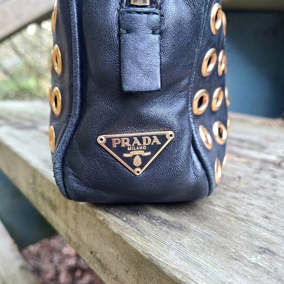Prada Gold Grommet Black Leather Hand Bag w/ Lock and Keys - Picture 8 of 11